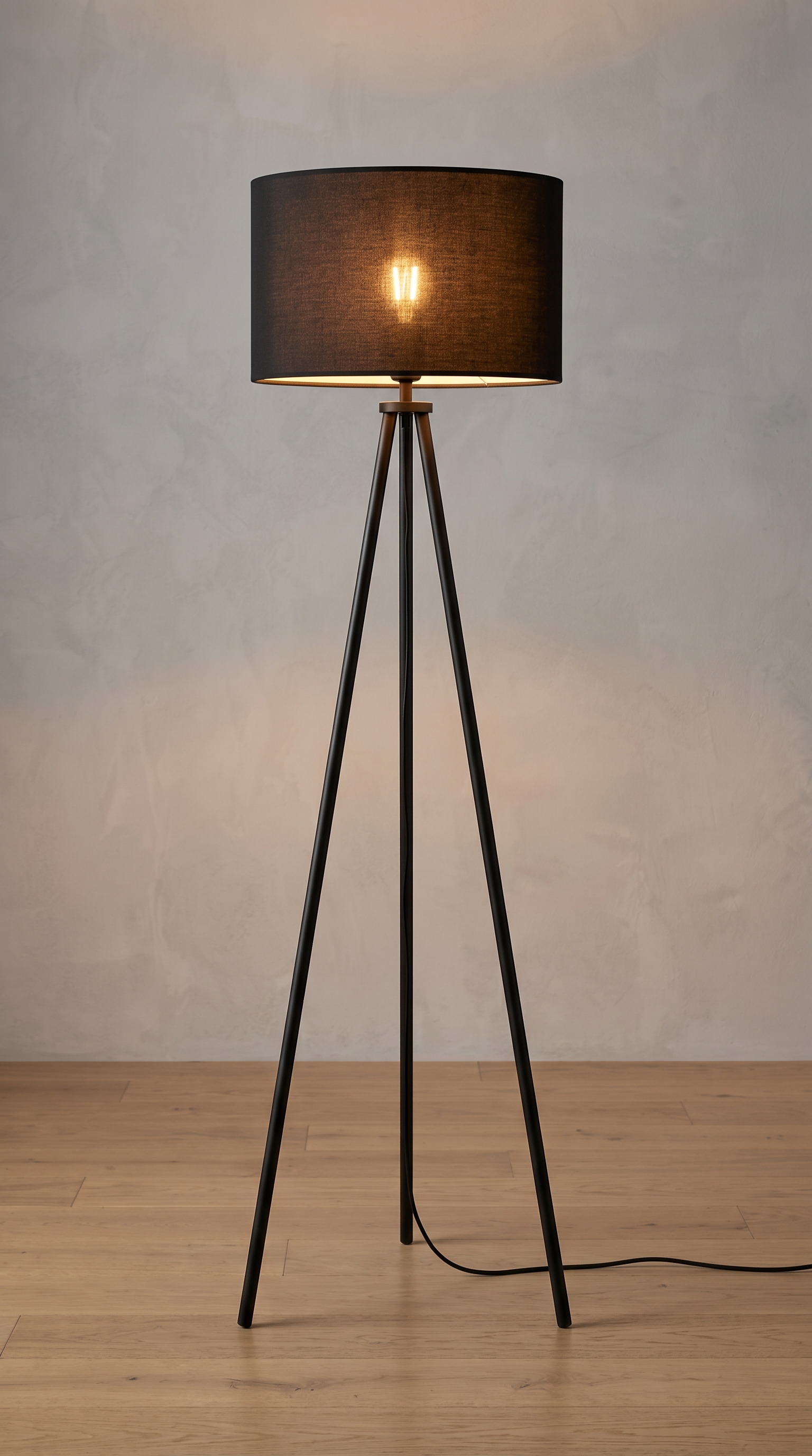 Lampu Lantai Hitam Tripod — menyala